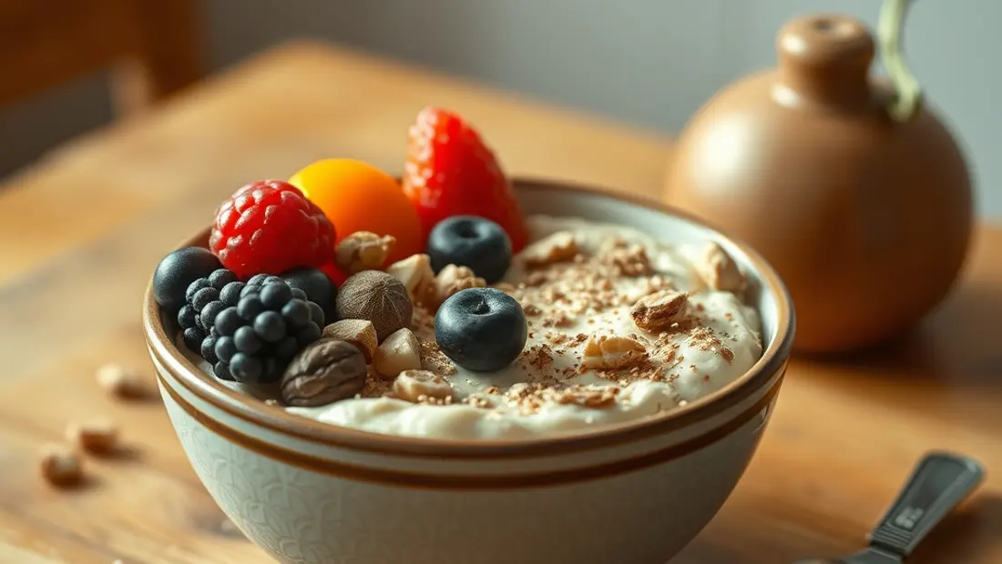 Desayuno de avena con frutas y nueces.