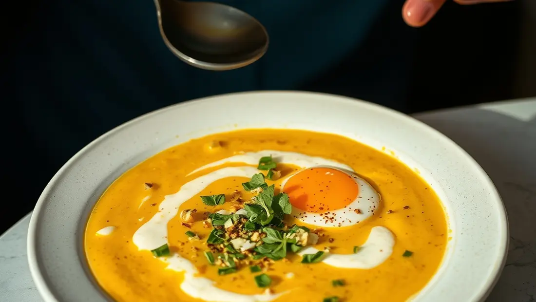 Sopa de calabacín con huevo y queso.