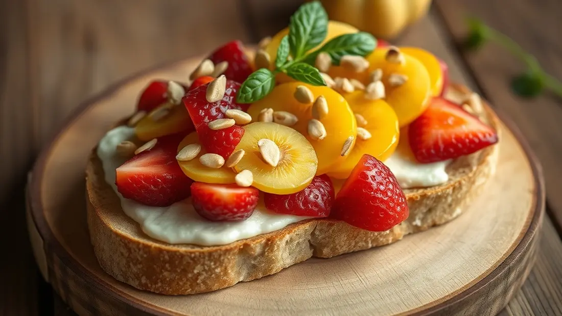 Desayuno vegano con tostada integral y frutas