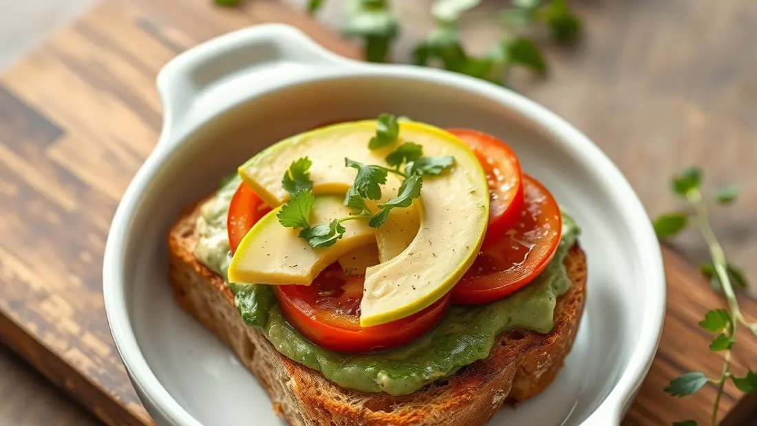 Tostada de pan integral con ingredientes frescos.
