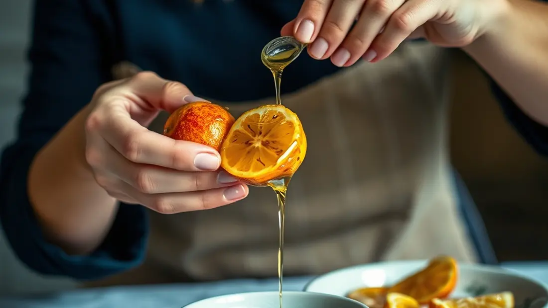 Mujer enrobando frutas con mezcla de aceite de oliva y ajo