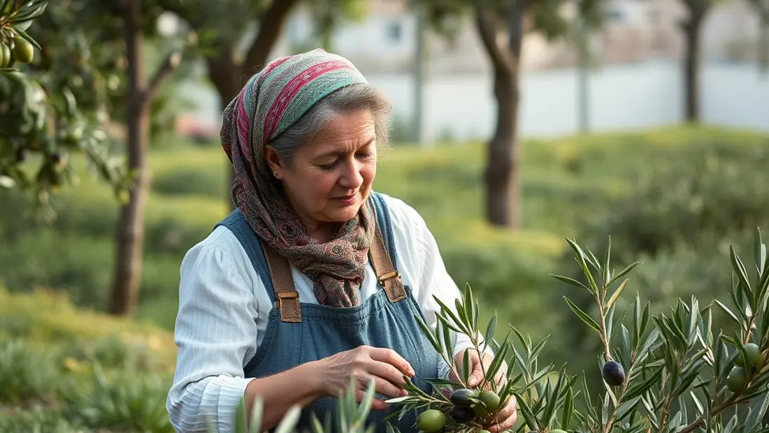 Una mujer recoge aceitunas en un jardín.