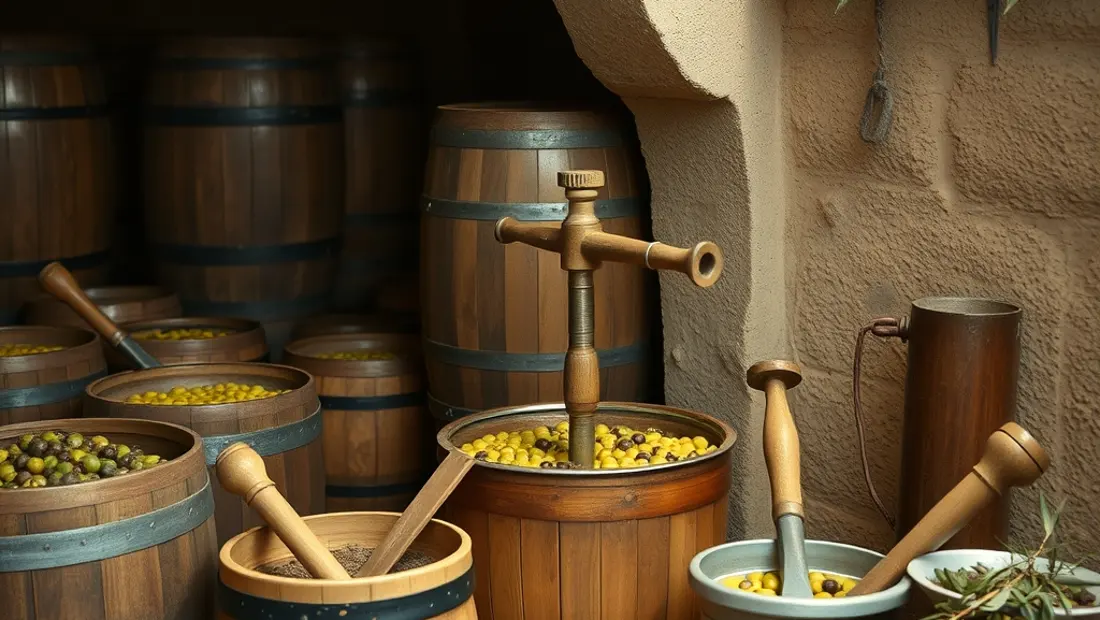Una almazara tradicional con cuves y herramientas.
