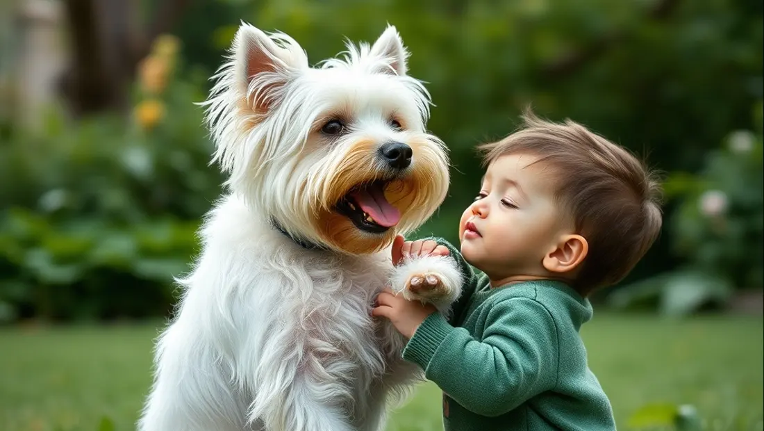 Niño y perro jugando en el jardín