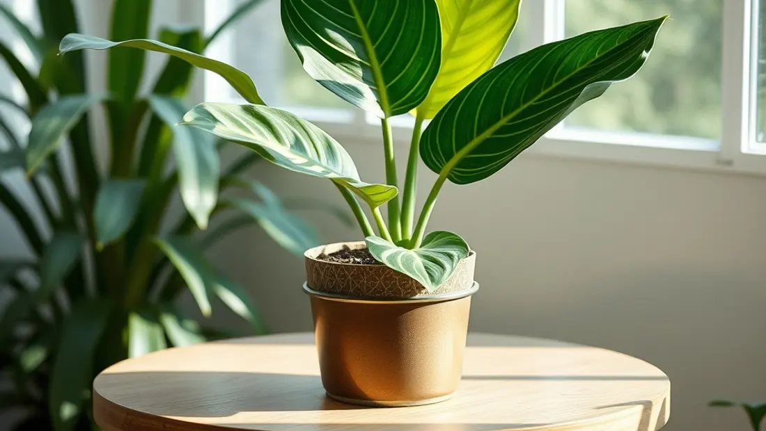 Planta Alocasia sanderiana en un ambiente de jardín