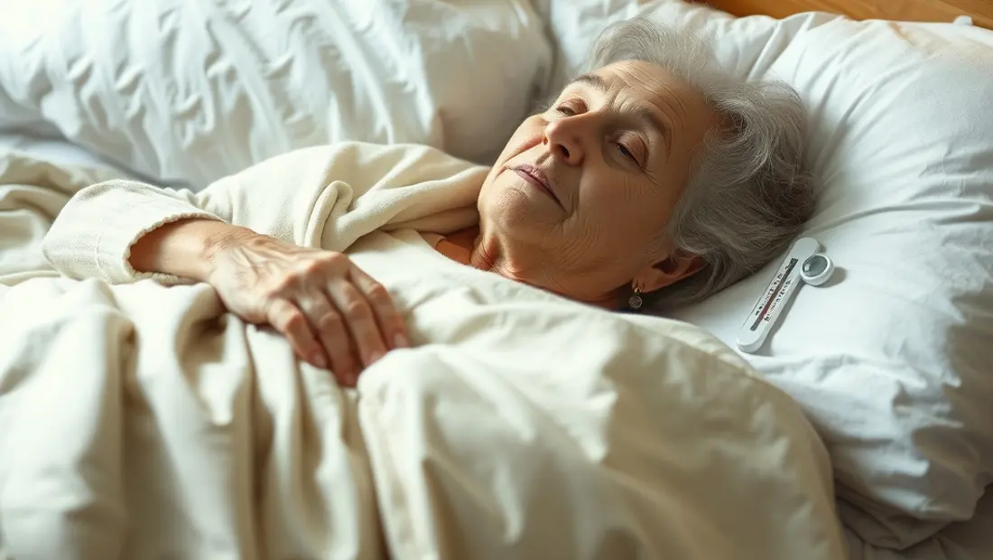 Una mujer anciana en cama con un termómetro.