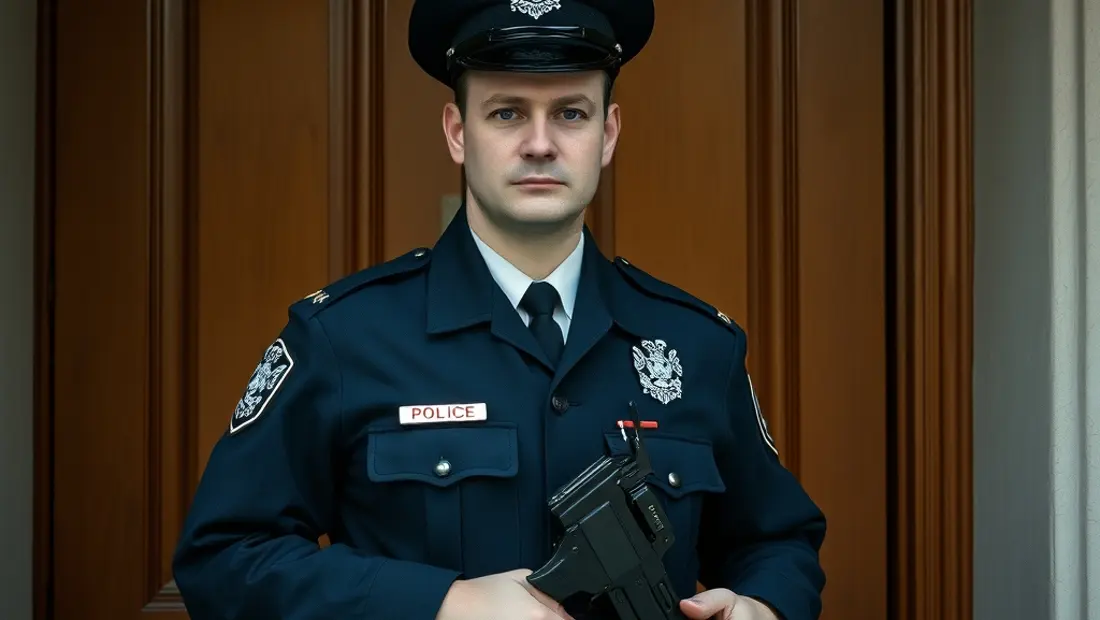 Un policier avec un ariete, devant une porte fermée.