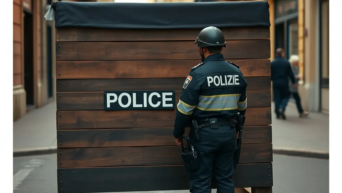 Un ariete policial, usé, sur le sol d'une rue.