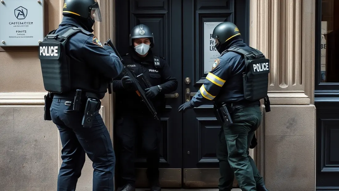 Policiers forcent une porte avec un ariete.