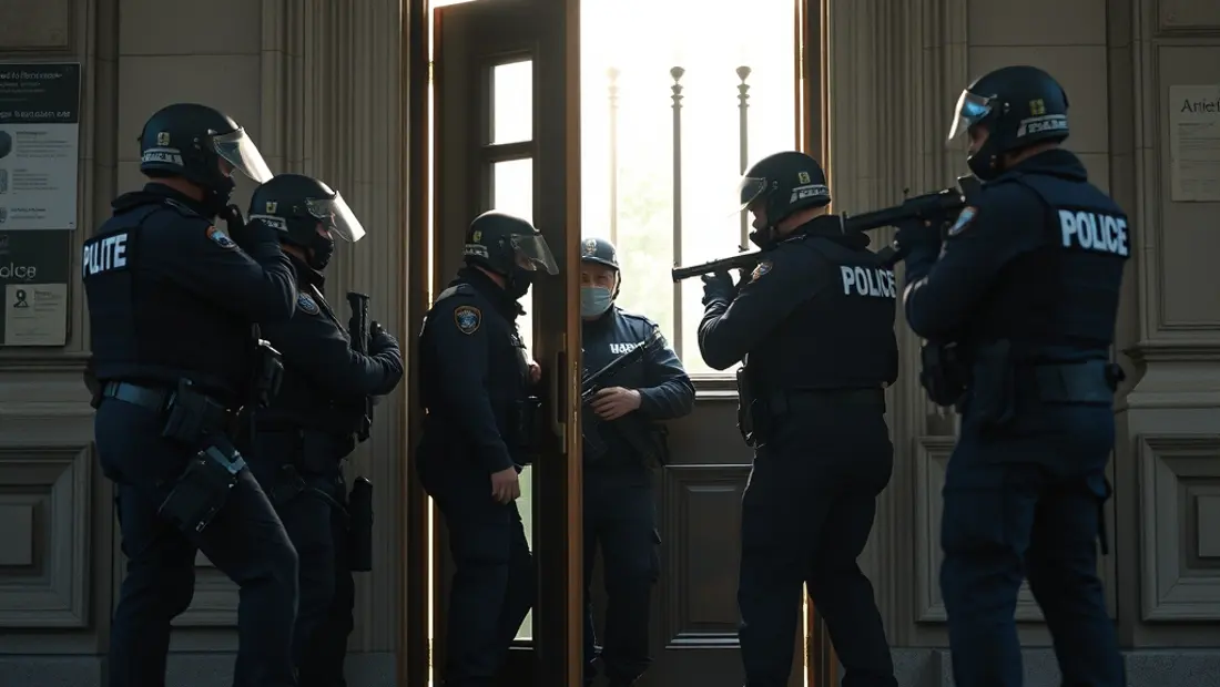 Policiers forçant une porte.
