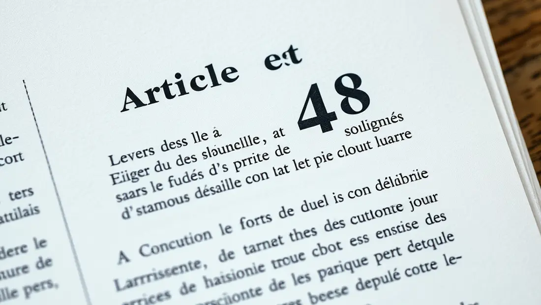 Detalle de documento jurídico con artículo 48 destacado.