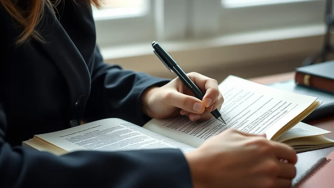 Persona estudiando artículo de derecho en un escritorio.