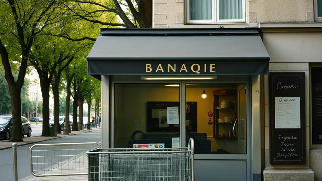 Una banca con un cartel de cierre, una calle vacía y árboles en el fondo