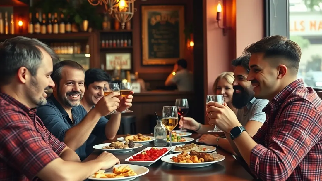 Groupe d'amis mangeant des tapas dans un bar andalou.