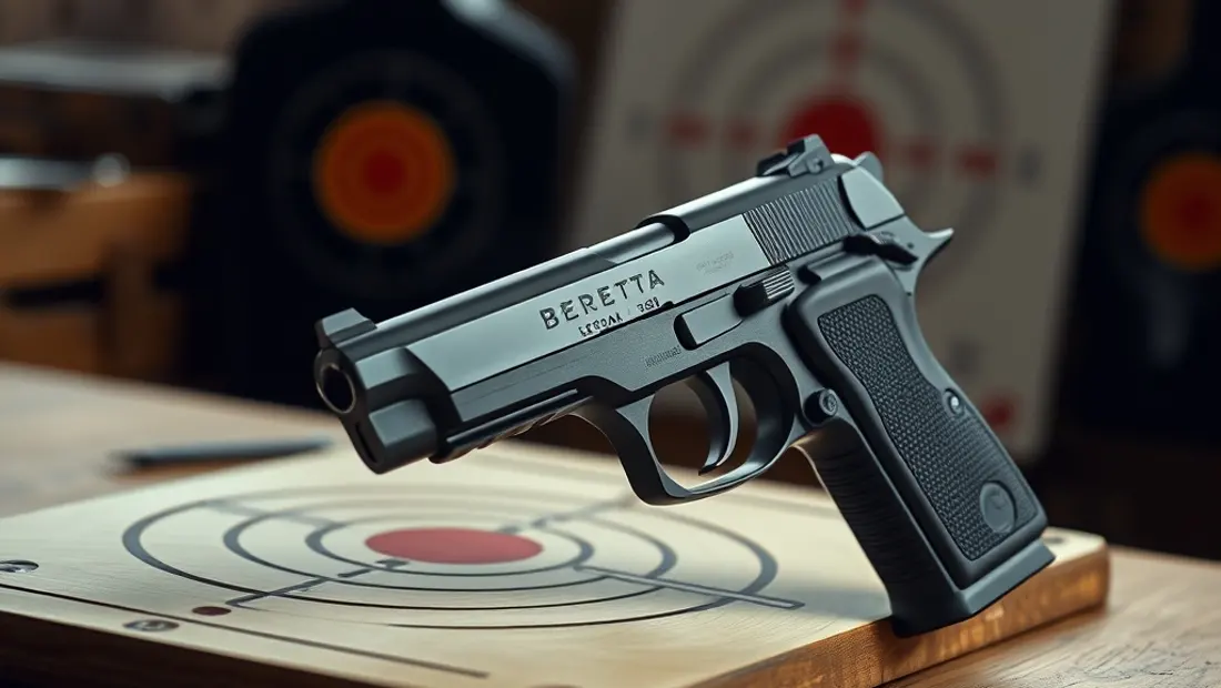 Pistola Beretta 390 en una mesa de tiro de madera.
