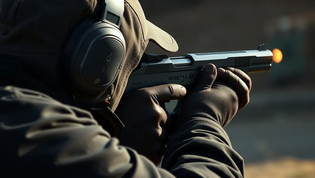 Un tirador sosteniendo Beretta 390 y apuntando a una diana.