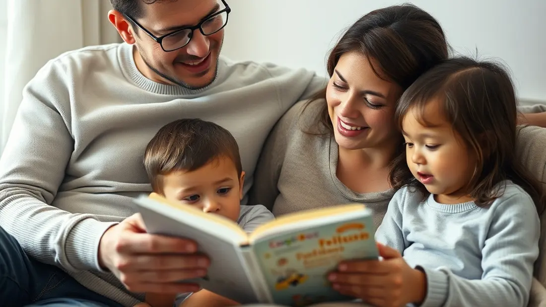 Madre y padre leyendo con sus hijos