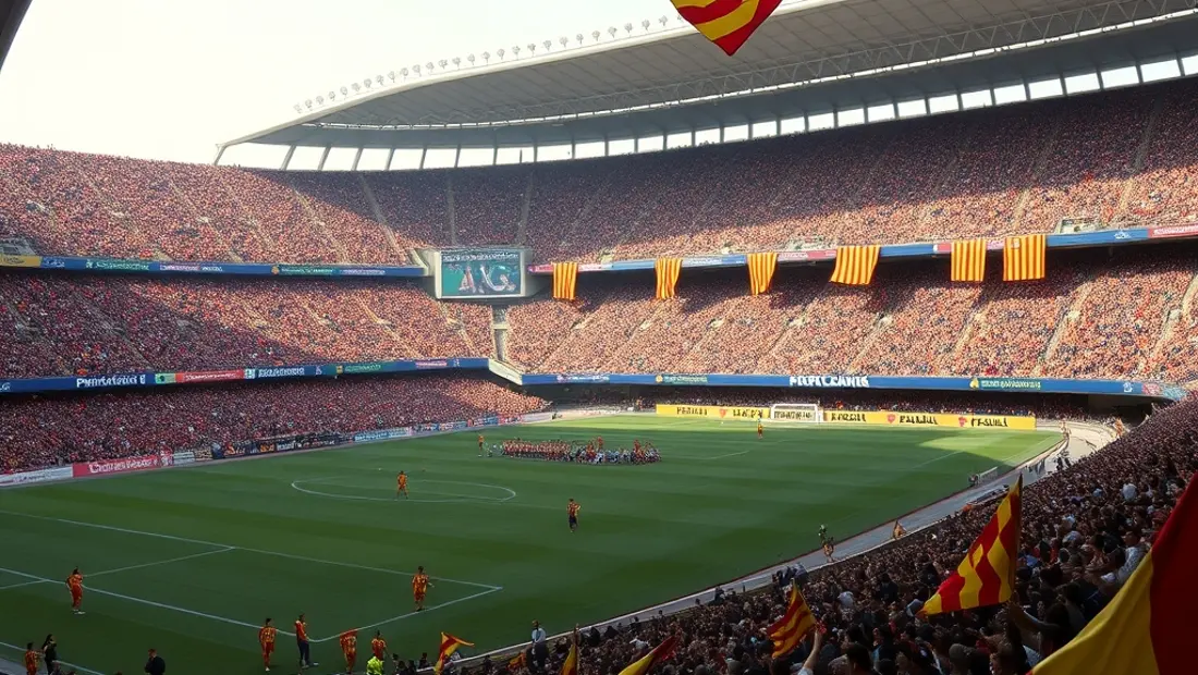 Estadio lleno de aficionados con banderas catalanas