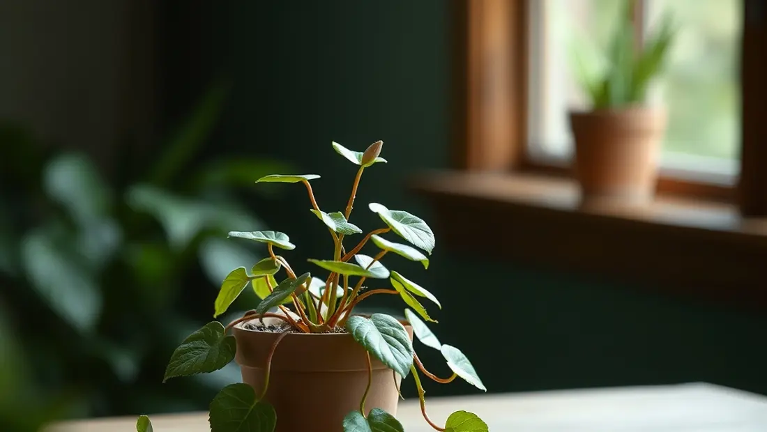 Planta Ceropegia woodii sobre una mesa de madera.