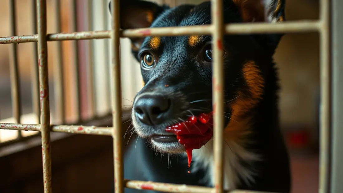 Cachorro con diarrea sanguinolenta en jaula sucia