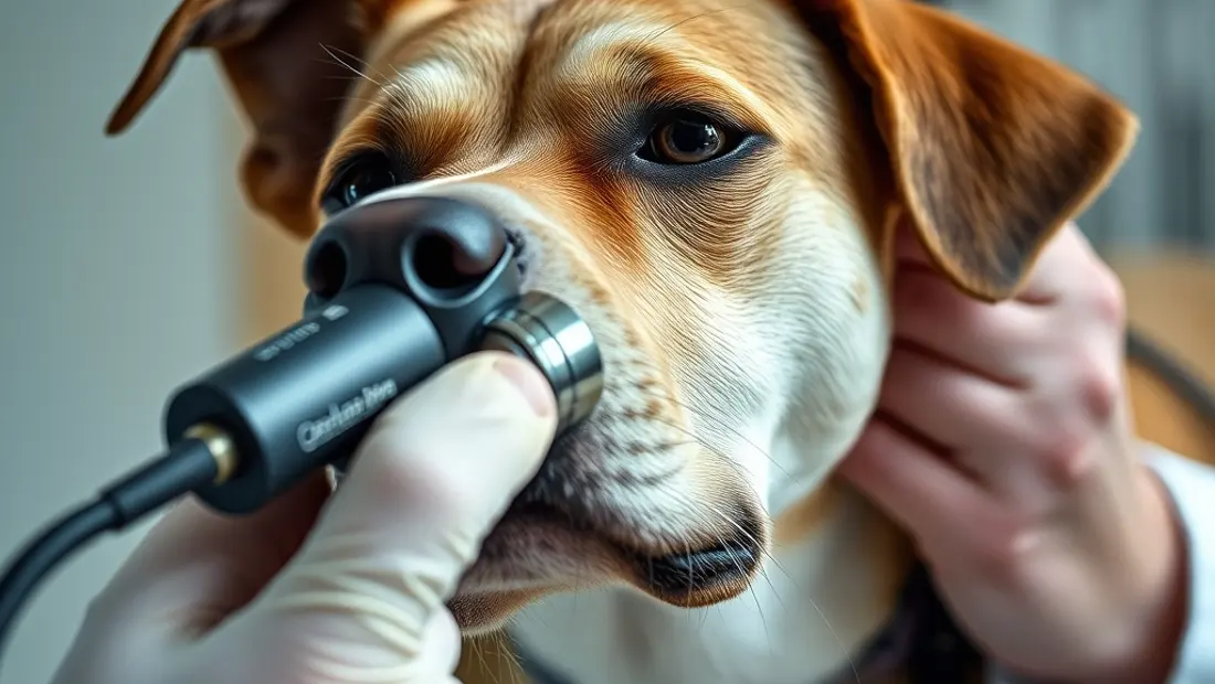 Vet examina el intestino del perro con endoscopio
