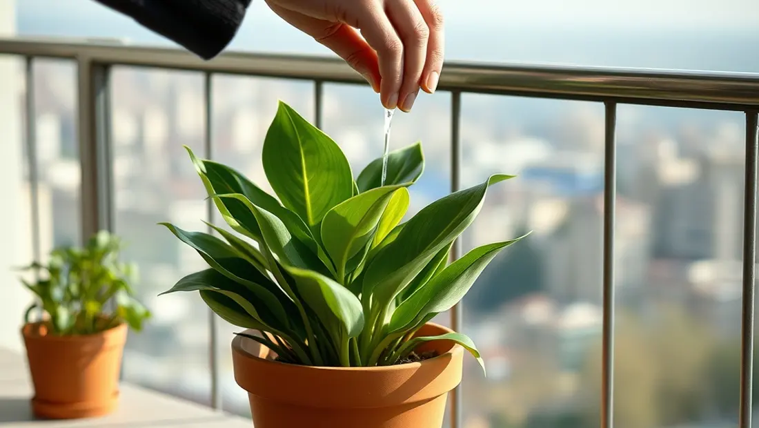 Persona cuidando la planta maranta en un entorno urbano.