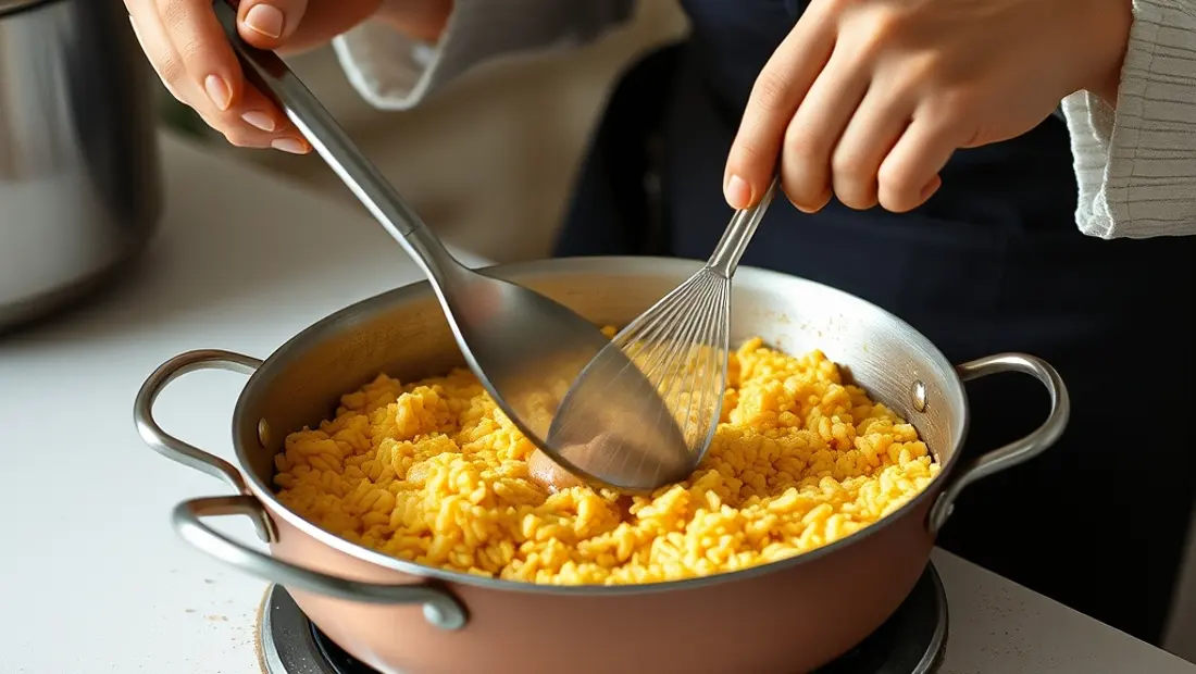 Una mujer prepara un plato de arroz en una sartén