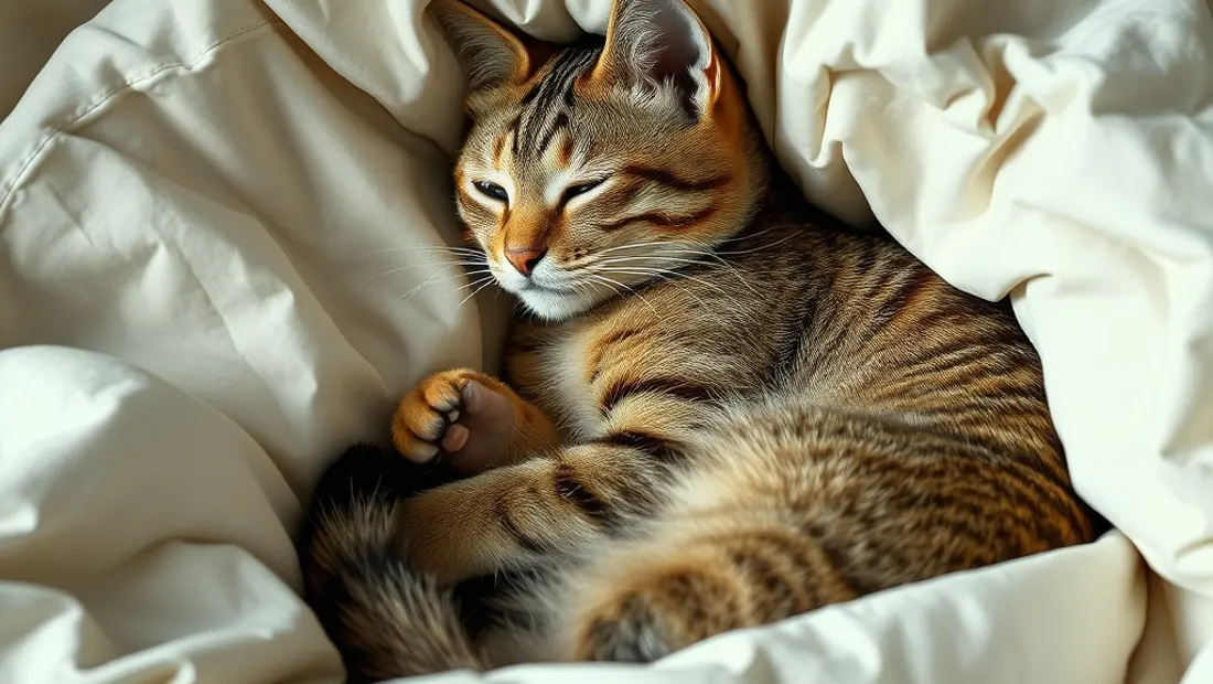 Un gato se roule en boule sur un lit.