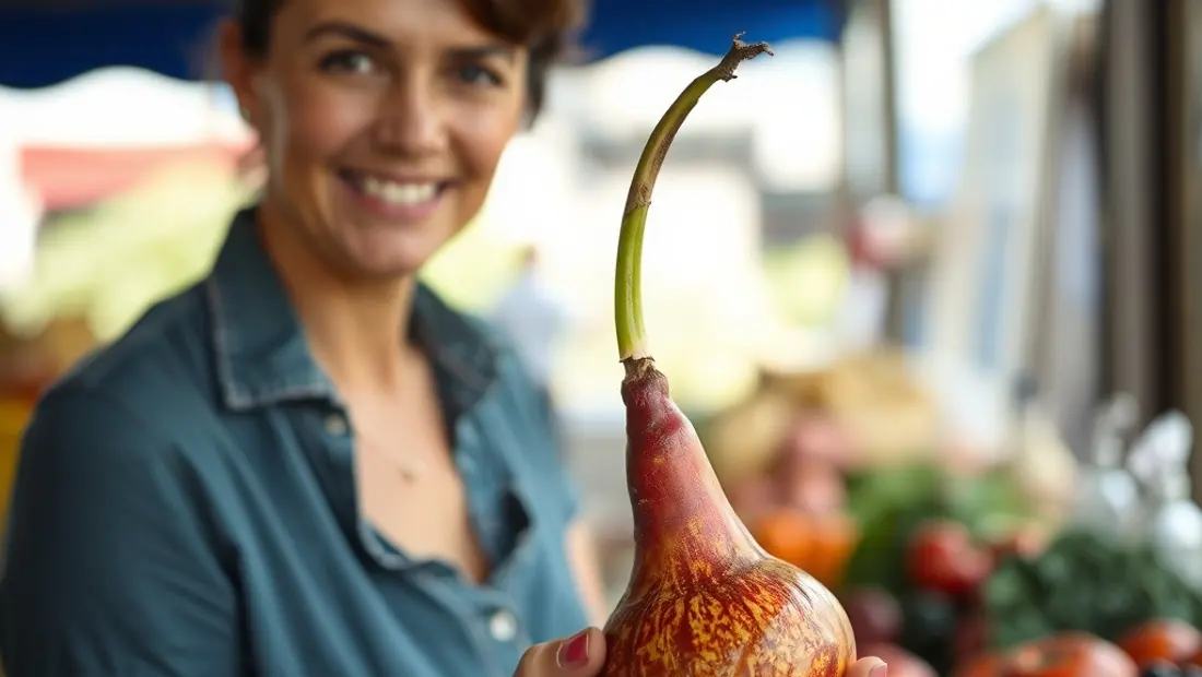 Una mujer con una poira marron en la frutería