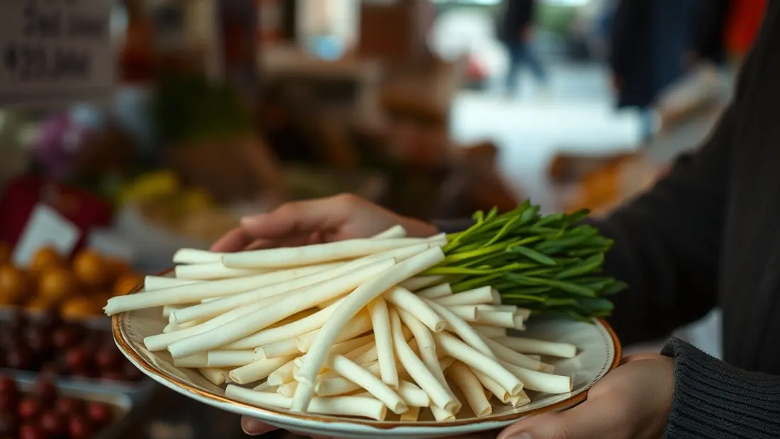 Persona con setas enoki frescas en un mercado