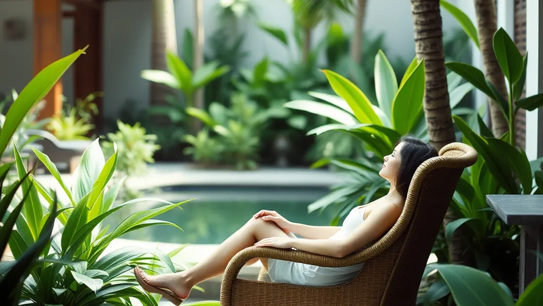 Persona sentada en un sillón en el jardín del hotel