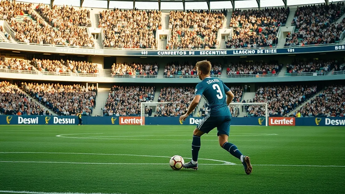 Jugador de fútbol en acción en un estadio.