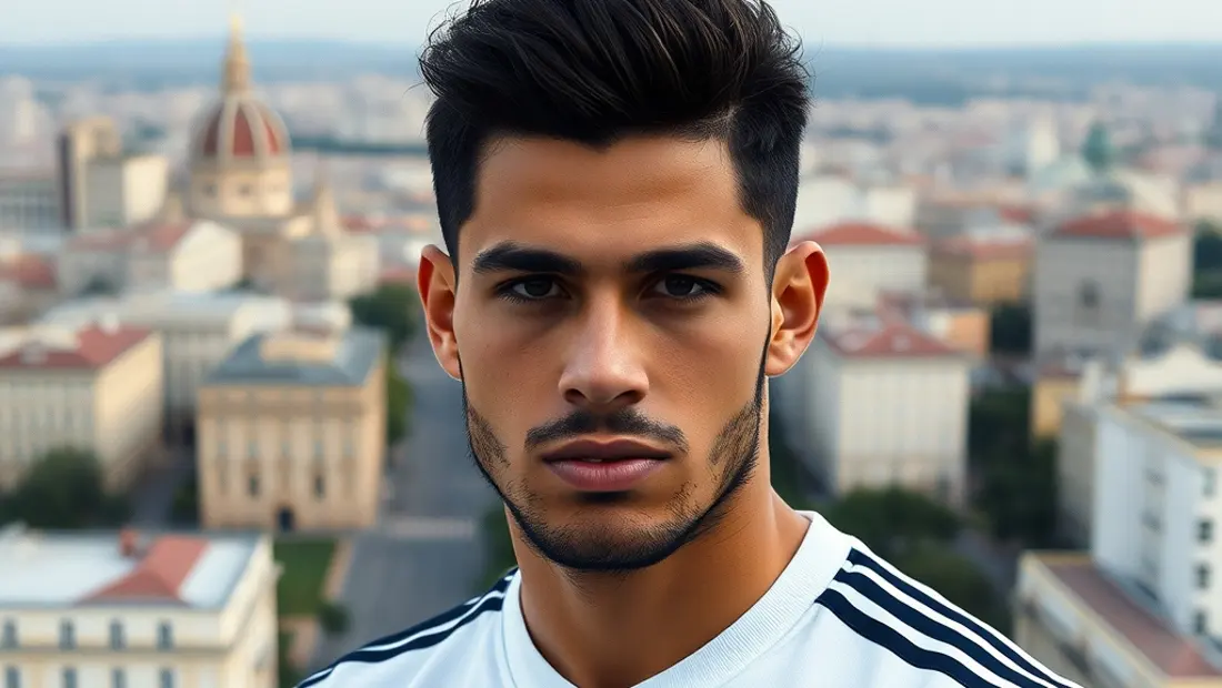 Retrato de Asensio con la camiseta del Real Madrid y fondo de Madrid.