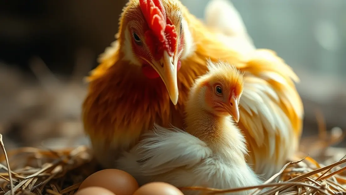 Gallina incubando un huevo