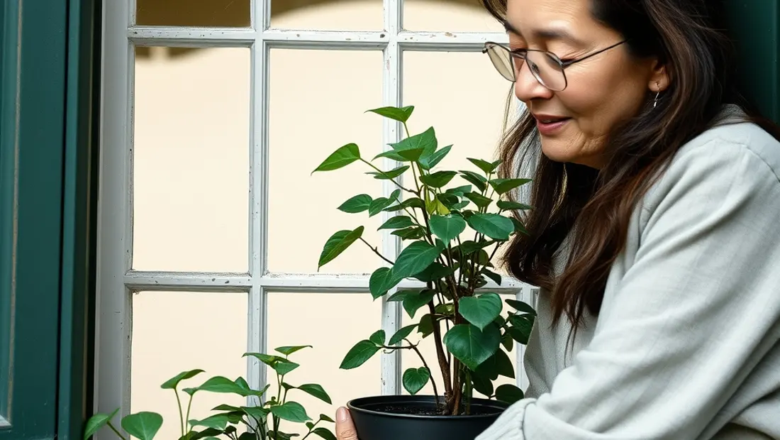 Una mujer cuidando una planta en una ventana