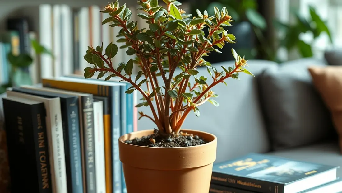 Una planta en un mueble de sala con libros