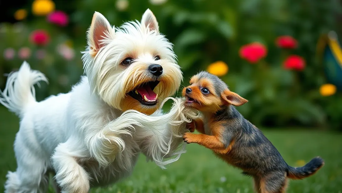 Un perro Yorkshire blanco juega con un hueso en un jardín.