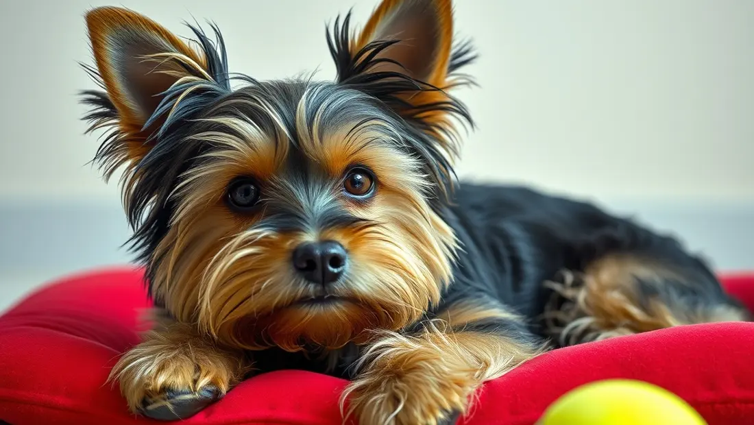 Un perro Yorkshire se acuesta en un tapiz rojo con un balón de tenis.