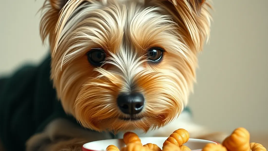 Un perro Yorkshire come en un bol con golosinas alrededor.