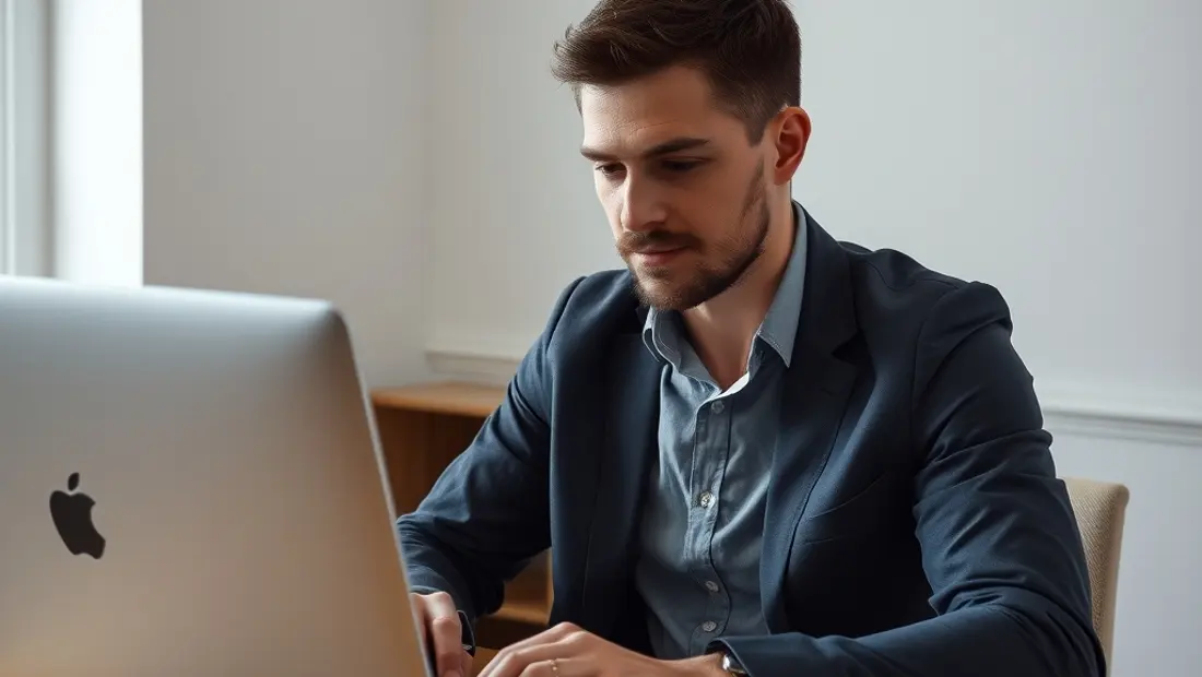 Un hombre en frente de un ordenador con un teléfono sobre la mesa, mirando una página web de eliminación de cuenta