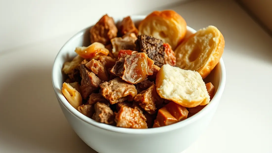 Un bol de comida con restos de carne y pedazos de pan.