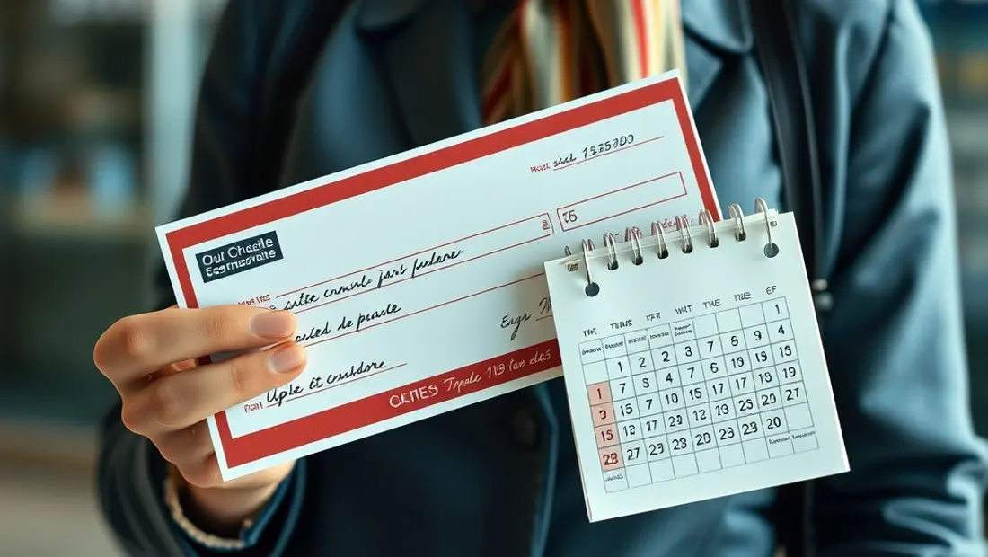 Persona con un chéque y calendario de banca