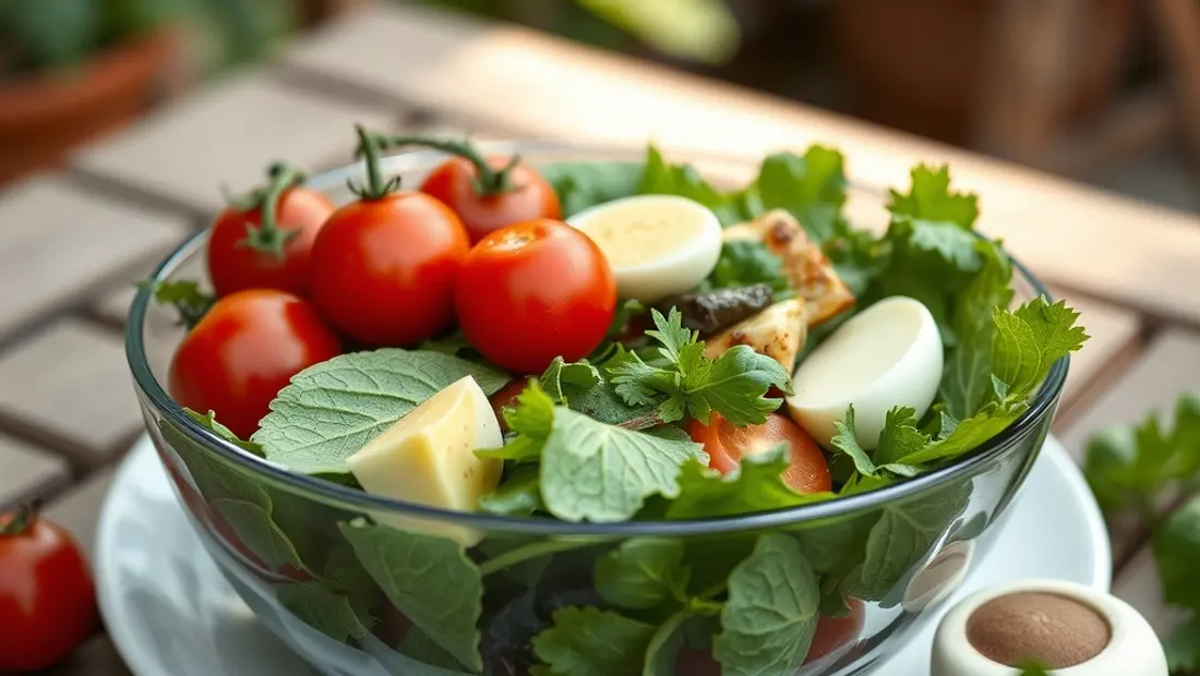 Un bol de ensalada con tomates, aguacate y huevo.