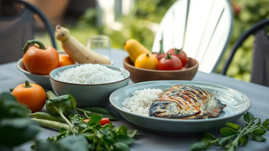 Una mesa de jardín con frutas y verduras frescas, un tazón de arroz integral y un pescado a la parrilla.