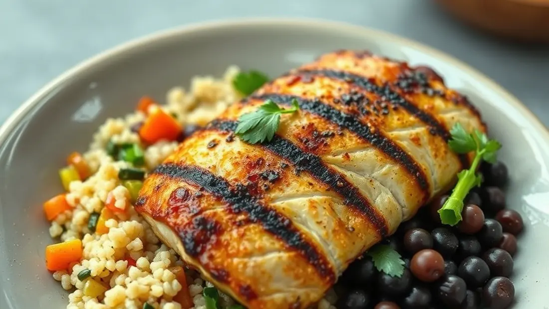 Un tazón de quinoa con verduras salteadas, frijoles negros y un filete de pollo a la parrilla.