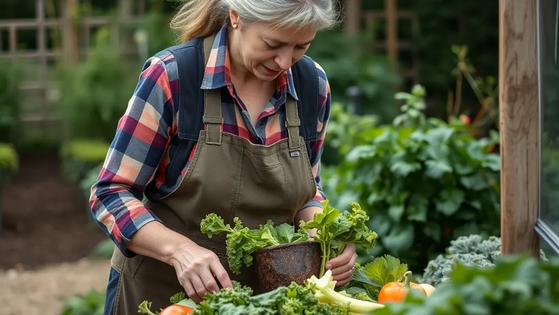 Una mujer prepara verduras frescas en un jardín de cultivo