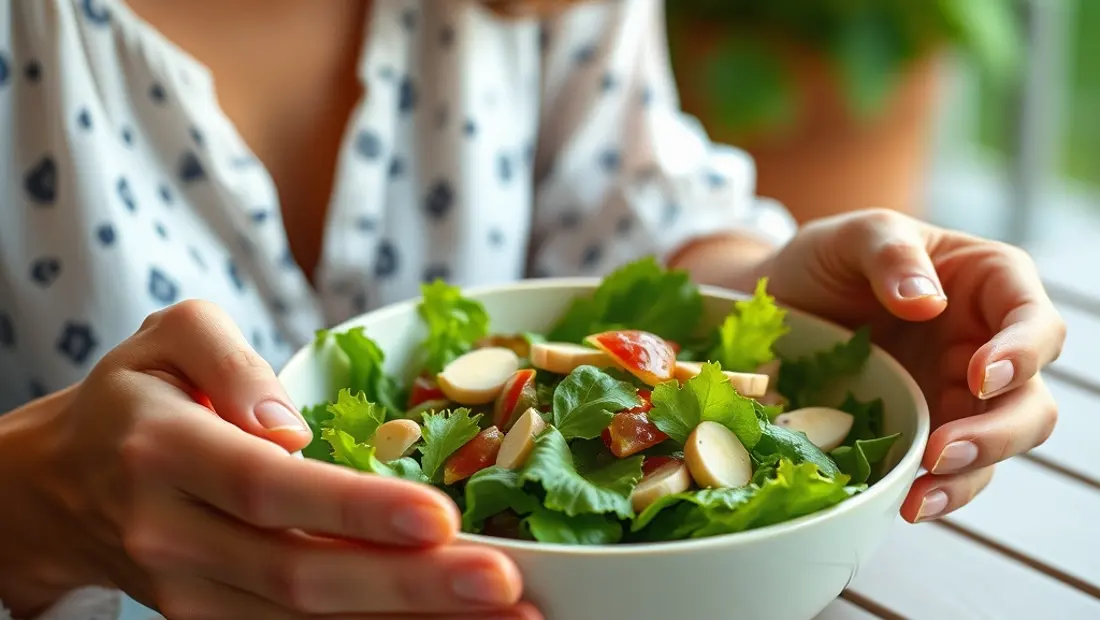 Una persona comiendo una ensalada de lechuga y frutas.