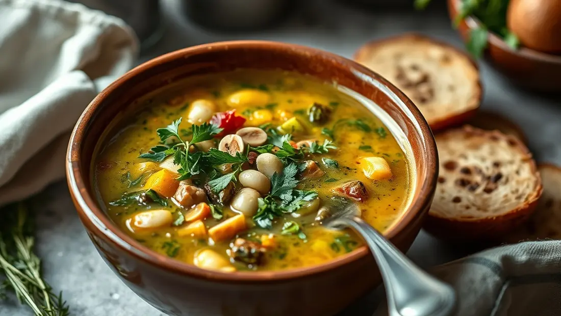 Un recipiente con sopa de verduras y hierbas frescas.