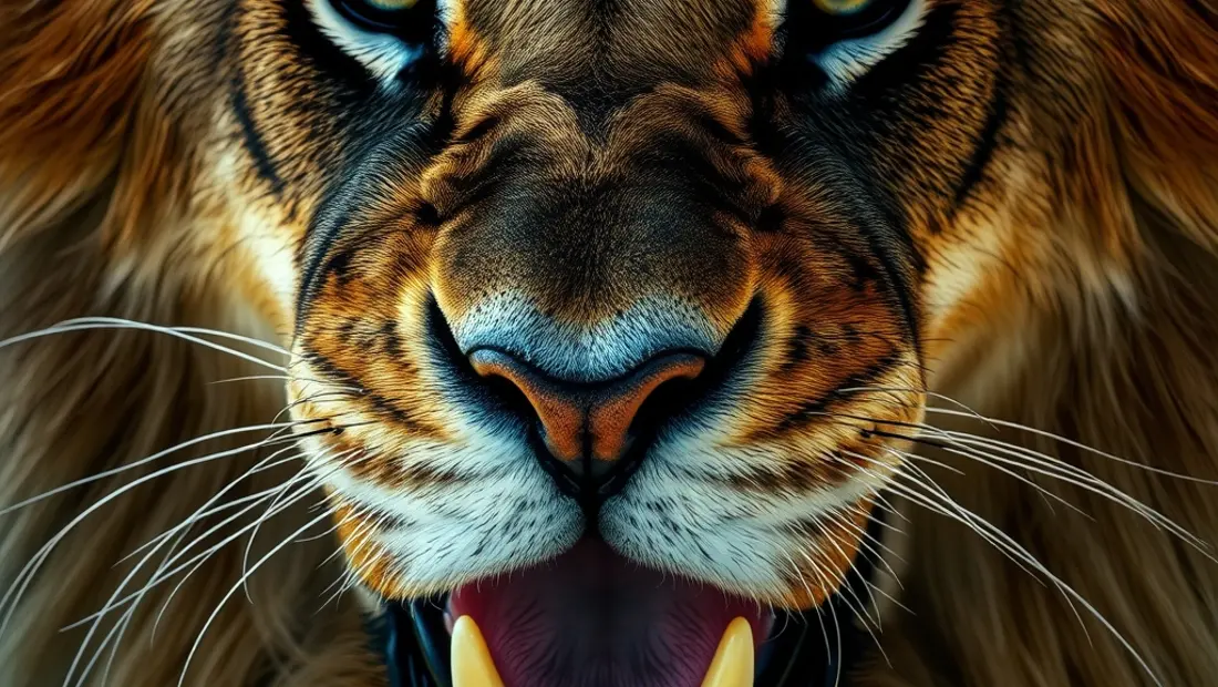 Cara de león con ojos y dientes prominentes.