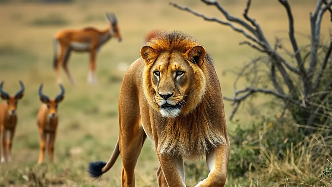 León corriendo en la sabana con otros animales.